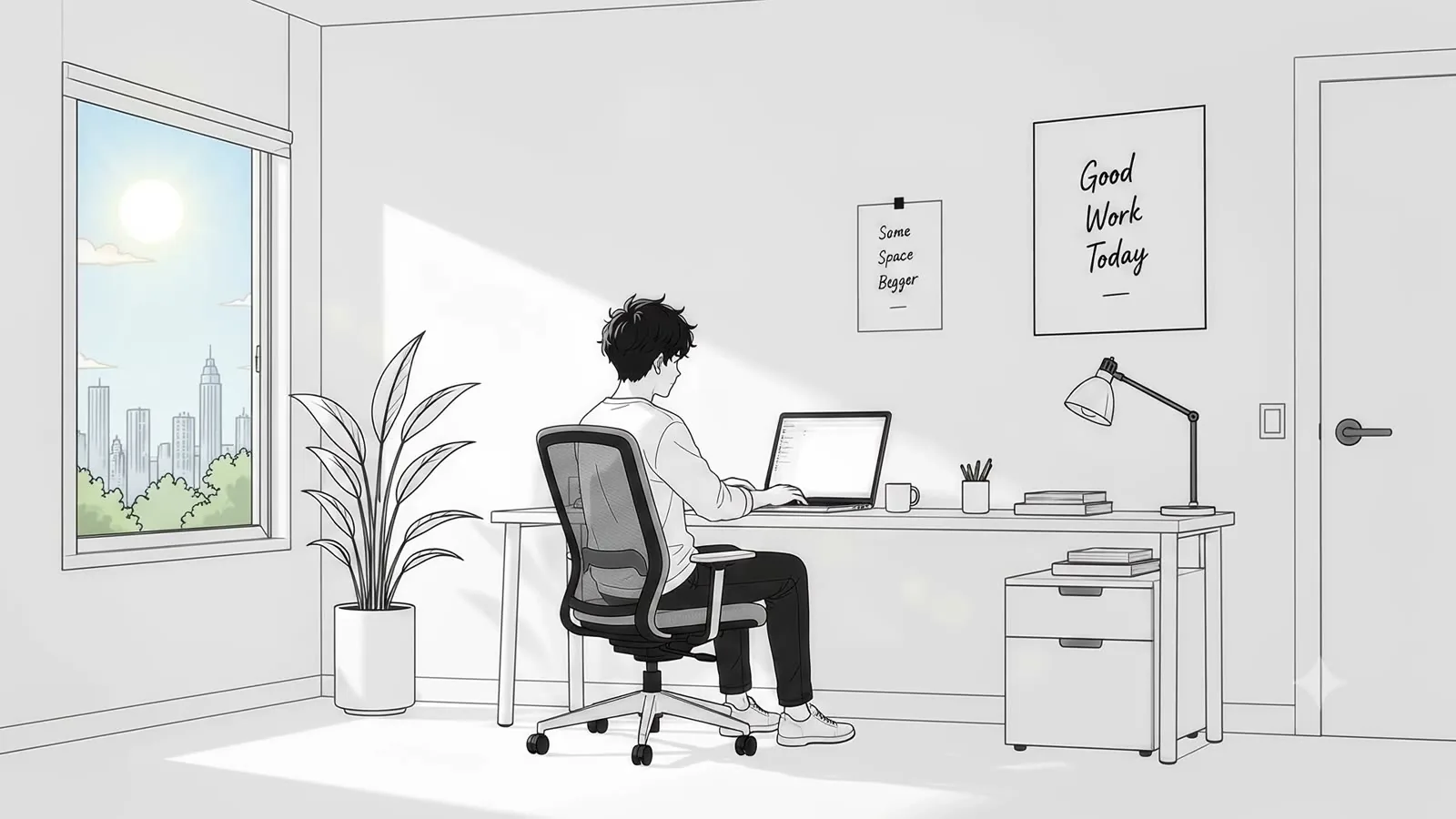 Office worker at a desk starting a long workday, far from healthy food